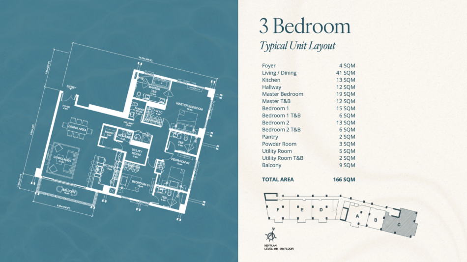 Aruga 3 bedroom unit floor plan, 166 sqm